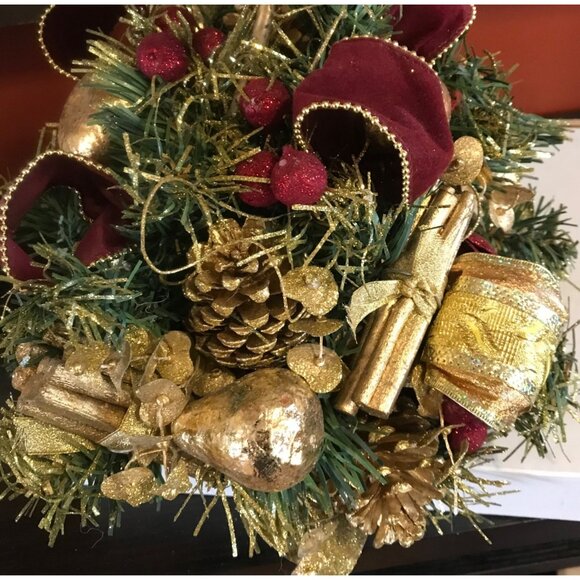 Festive Gold & Burgundy Christmas Candle Holder Centerpiece Decoration 11" tall - Picture 5 of 8